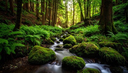 Obraz premium Lush Green Forest Landscape with a Winding Stream