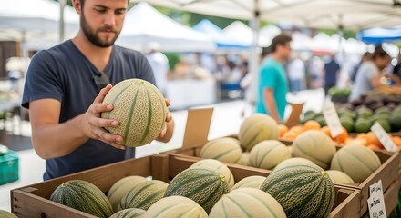 A Bearded Man Carefully Inspects And Selects A Fresh Cantaloupe Melon From A Crate At A Bustling Outdoor Farmers' Market, Local Shopping, Healthy Eating