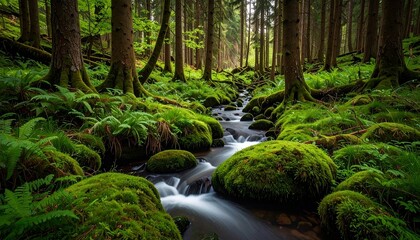 Obraz premium Lush Green Forest Landscape with a Winding Stream