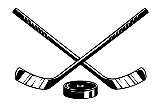  Crossed hockey sticks with puck vector illustration for sports and team game 