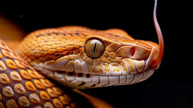 A close up of a snake's head with a red eye. The snake is brown and has a patterned body