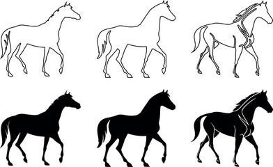 Fototapeta premium Set of six horse silhouettes in different walking poses 