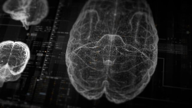 Futuristic biomedical concept featuring advanced holographic scanning technology performing detailed brain neuron pathology and diagnostic analysis. High-tech medical visualizing neural network