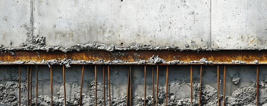 Close-up of concrete wall with exposed metal rebar, showcasing the raw elements of construction and industrial design