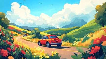 Scenic Road Trip: A Classic Car Adventure through Rolling Hills and Wildflowers