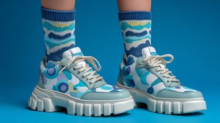 A pair of platform sneakers with blue and white camouflage pattern with matching socks on blue background