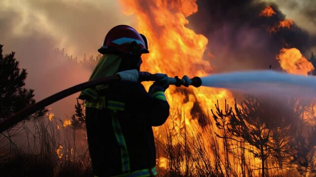 Firefighter battling a massive forest wildfire with hose spraying water as intense flames engulf pine trees, heavy smoke rising into the sky. Emergency response action scene