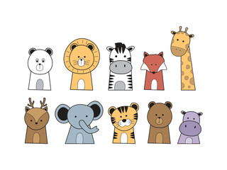 Collection of Cute Hand Drawn Cartoon Animals in a Row