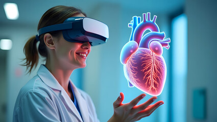 Ultra Realistic 4K Image of Doctor Viewing 3D Heart Model via AR Headset During Remote Consultation