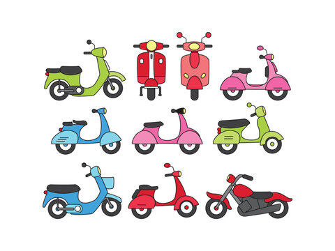 Collection of Hand Drawn Cute Scooter Illustrations with Outline