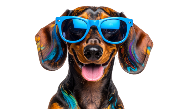 A dachshund dog features vivid swirls of color and blue sunglasses against a transparent background, making it a cheerful and unique portrait isolated on solid white background in Png form