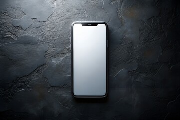 A black smartphone with a blank white screen is isolated on a dark grey textured background