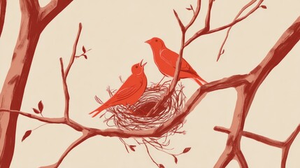 Fototapeta premium Two red birds in a nest