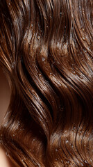 Wet brunette hair strands with water droplets close up showing shiny smooth texture and natural waves