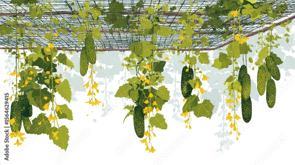 Poster hanging cucumbers on a trellis