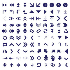 Collection of various dark blue arrow icons and symbols on a white background