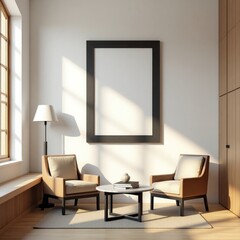 Fototapeta premium Minimalist Living Room Interior Design Mockup with Empty Frame Natural Light