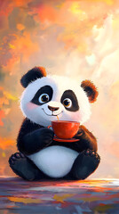 Kawaii Teacup Animal Series Cute panda enjoying a cup of tea in nature. Pastel Pet-In-Cup Designs Adorable Miniature Creatures