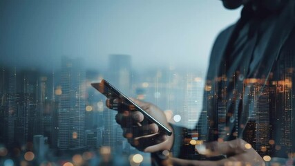 A person is holding a cell phone in front of a city skyline. Concept of modernity and technology, as the person is using their phone in the midst of a bustling urban environment - Powered by Adobe