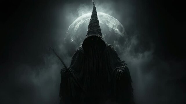 halloween concept. A mysterious hooded figure with glowing eyes sits in front of a full moon, surrounded by mist and darkness, holding a staff.