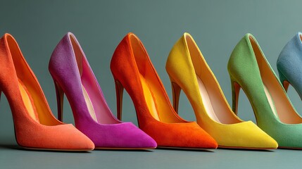 A colorful array of high heels in a row showcasing vibrant shades against a muted background color
