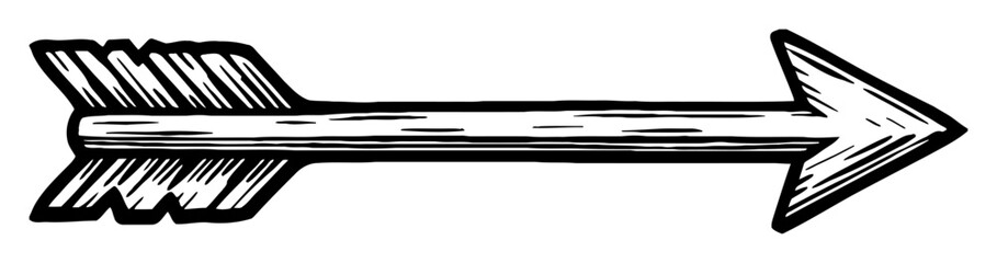 Hand Drawn Woodcut Style Arrow Pointing Right Black and White Outline Line Art Drawing Vintage Object
