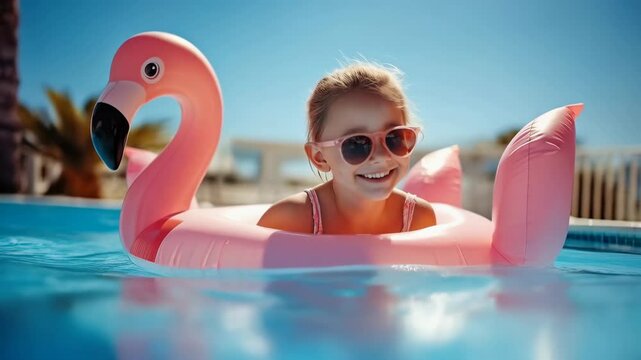 Happy little girl floating on a pink flamingo inflatable ring in a swimming pool on a sunny day