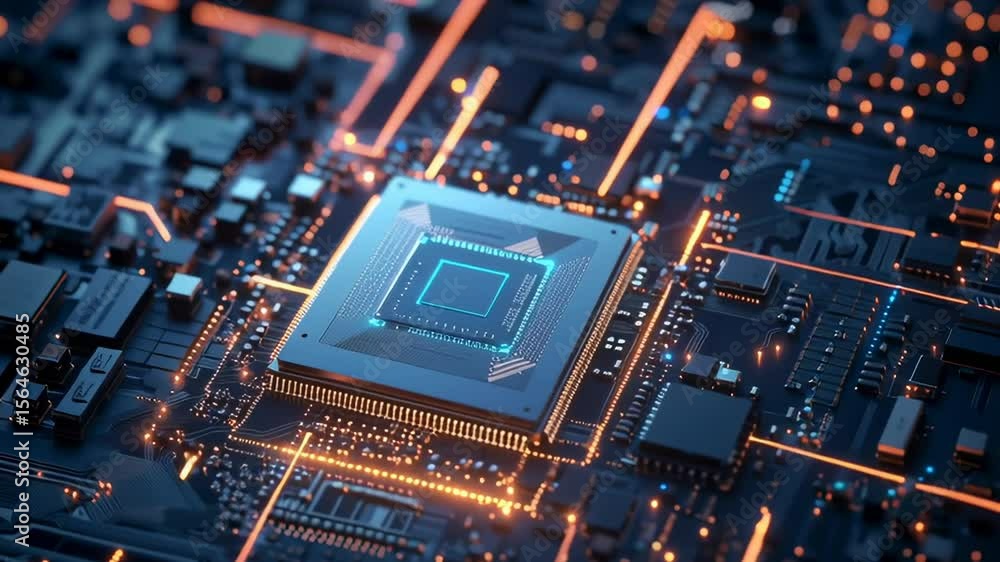 Poster a computer chip is shown in a close up of a circuit board. the chip is glowing with a blue light, an