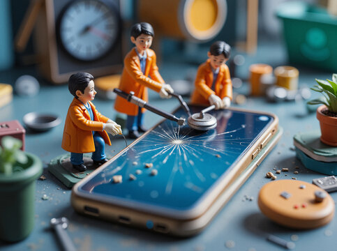 Miniature people on Blurred background, in a microworld setting work together to repair a large smartphone. Electronics, microchip circuits, and device components with specialized tools in workspace.