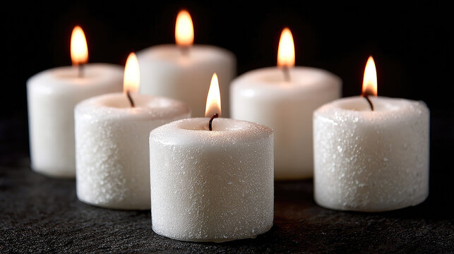 White candles with flames on dark background
