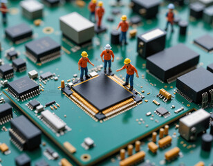 Miniature people on Blurred background, in the microworld work together fixing electronics on circuit board and microchip. Resistors, capacitors, transistors, and intricate pathways.