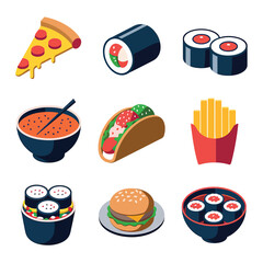 vector icons cooking food chef hat include a pizza slice, a sushi roll, spaghetti and meatballs, a curry bowl burger , fish 
