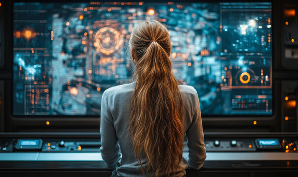 Rear view of woman with long hair analyzing futuristic digital control panel with holographic blue and orange interface in dark room technology workspace environment