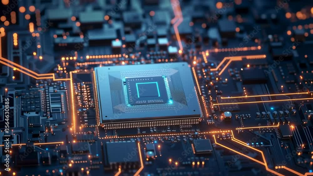 Poster a computer chip is shown in a close up of a circuit board. the chip is glowing with a blue light, gi