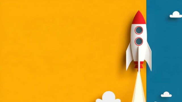 Rocket launch space sky cloud yellow blue red white flight bright flame smoke yellow blue background symbolizing innovation progress creativity playful style paper clouds inspiring flight