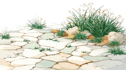 A scene of cracked stone pavement with plants