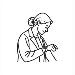 Woman Looking at Watch Icon | Female Professional Checking Time on Wristwatch | Time Management Concept Vector | Black Line Art on Pure White Background