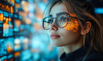 Portrait of young woman wearing round glasses reflecting digital data and analyzing futuristic technology interface in blurred background indoors