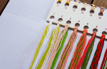 Close-up of several bundles of multi-colored embroidery floss. Bright, colorful set of embroidery...