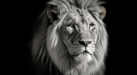 Fototapeta premium African Male Lion Portrait Greyscale Black Background Majestic Feline