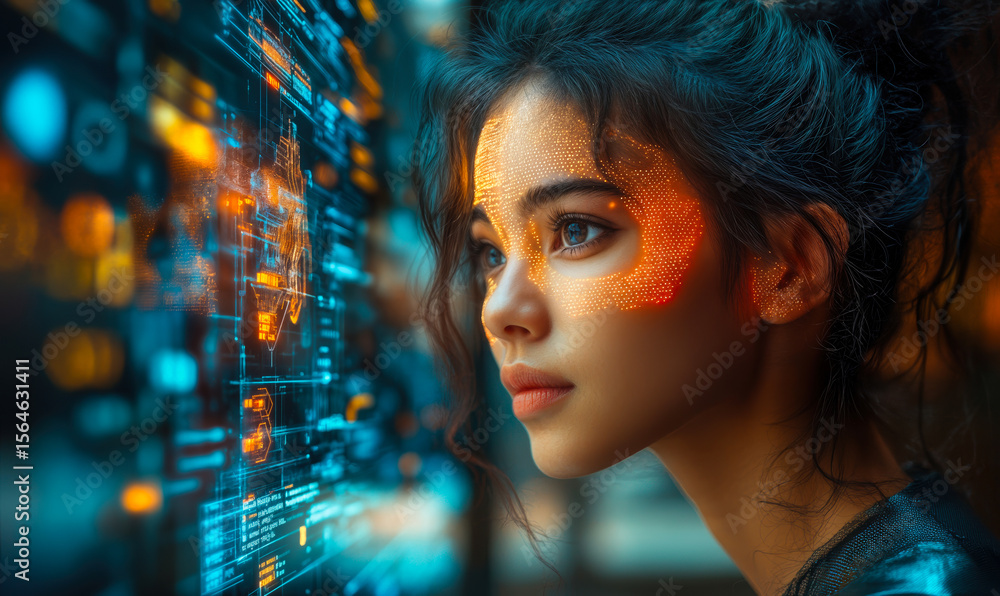 Aufkleber young woman analyzing futuristic digital interface with orange ai data holograms reflected on her fa