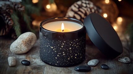 A lit candle in a black jar with gold stars and stones on a wooden surface with a pinecone behind