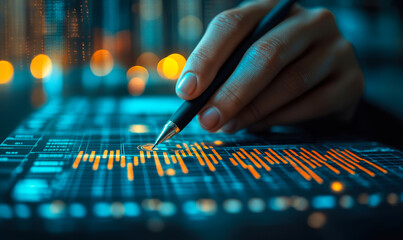 Hand holding pen analyzing digital financial data chart with glowing orange bar graphs on futuristic tablet screen