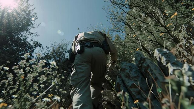 Forest ranger navigates through dense foliage, surrounded by vibrant wildflowers and sunlight filtering through the trees, embodying the essence of nature conservation and exploration
