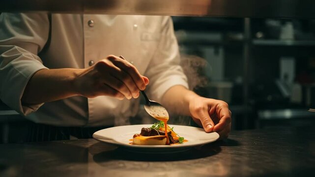 Professional chef adding sauce to gourmet dish with spoon in restaurant kitchen - Powered by Adobe