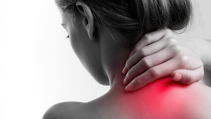 Woman touching shoulder in pain