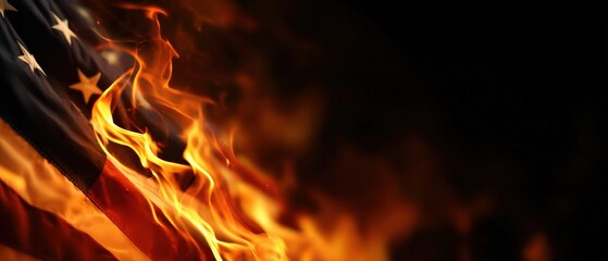American flag engulfed in flames, symbolizing political unrest, protest, and national crisis Concept of freedom, patriotism, and social issues