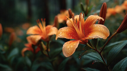 Close up of orange lilies with water droplets on the petals.
