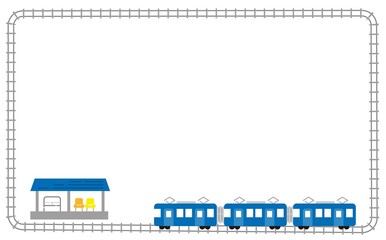 青い電車と無人駅の線路イラストフレーム素材
