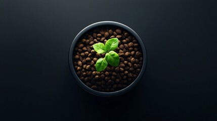 A single green plant growing in a dark bowl filled with brown pebbles on a dark background top down view